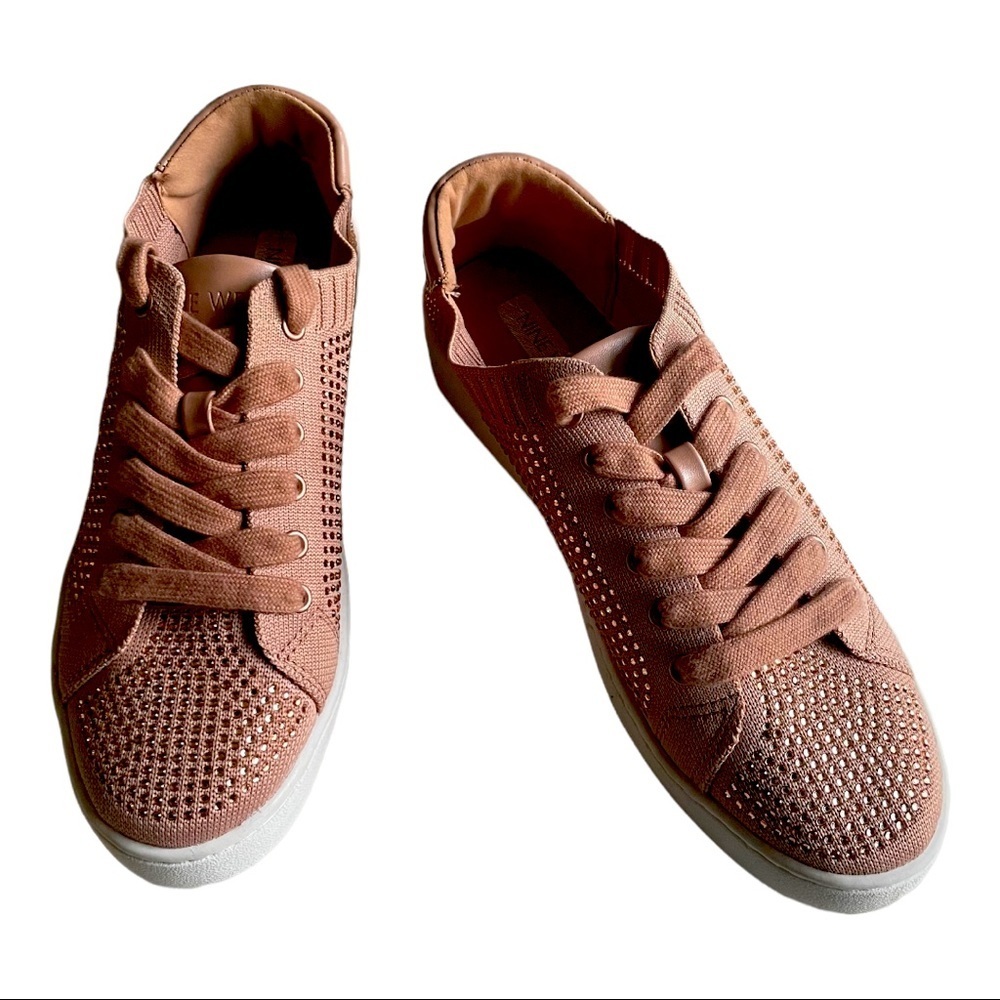 Nine West Rose Gold Sneakers Studded Knit Shoes Bling & Sparkle 10